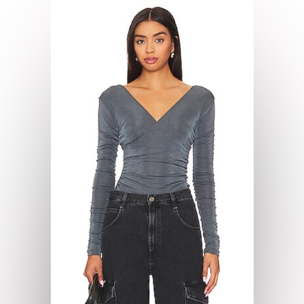 Free People Gray V-Neck Ruched Long-Sleeve Top